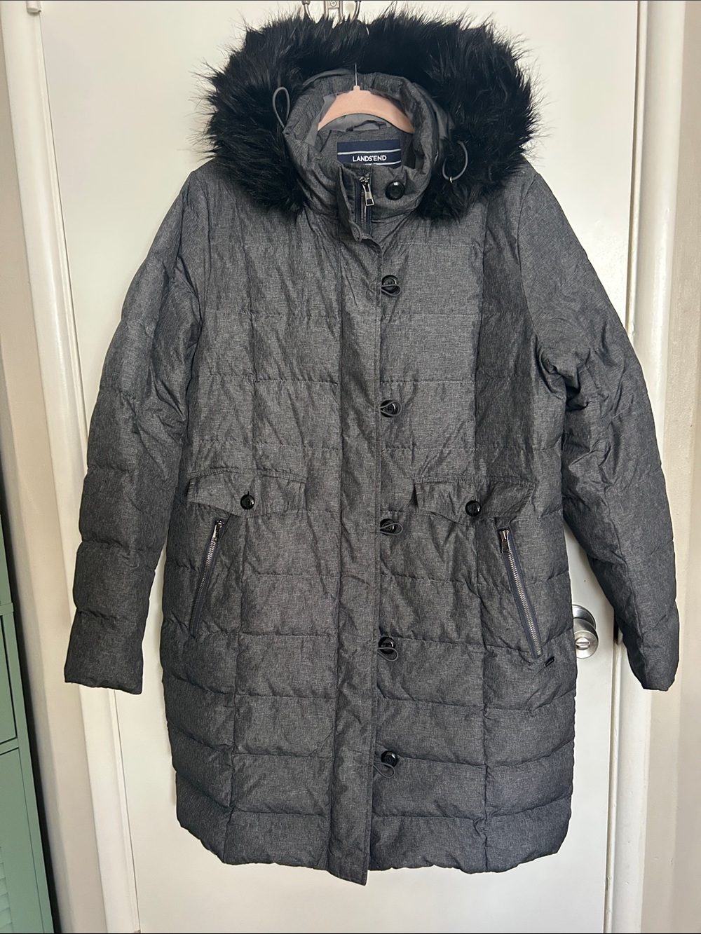 Lands' End Women's Charcoal Quilted Down Puffer Coat with Faux Fur Trim